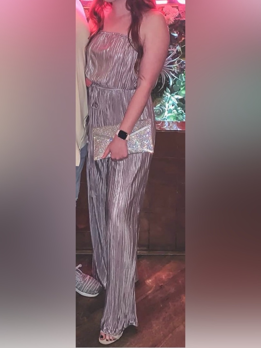 She + Sky Silver Strapless Pleated Jumpsuit